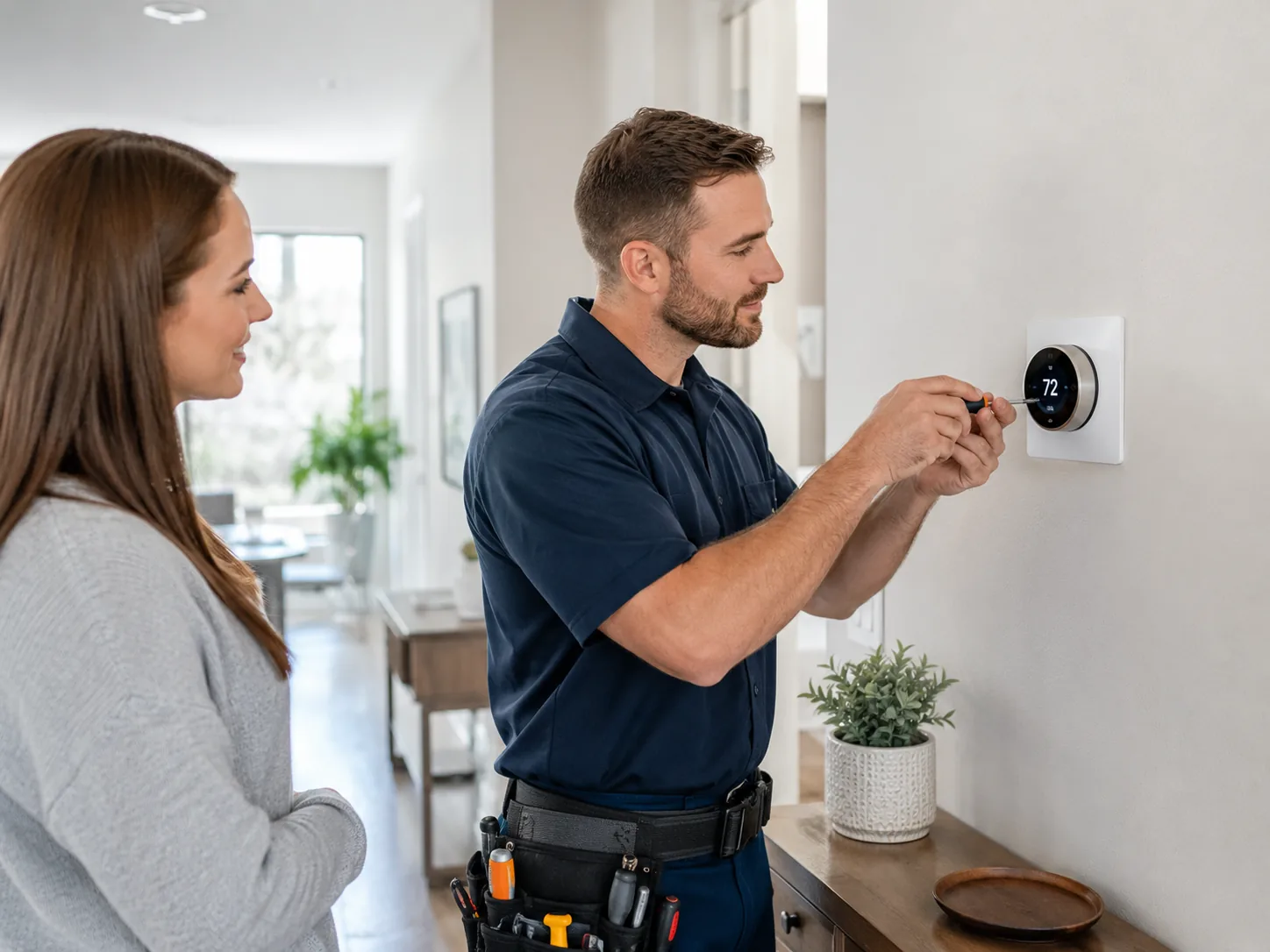 Technician connecting smart thermostat and lighting controls inside renovated Asbury Park coastal home, Smart Home Installation in Belmar - NJ technician configuring a wall control panel inside a coastal home