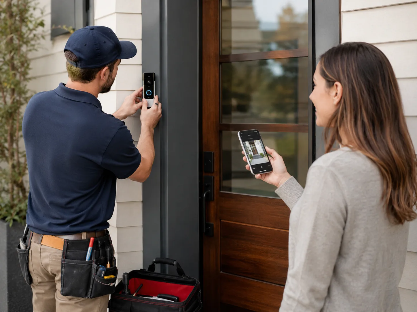 Electrician configuring integrated smart hub, cameras, and automated lighting with precision tools, Technician completing Smart Home Installation upgrades in a Belmar - NJ residence with connected security and lighting controls