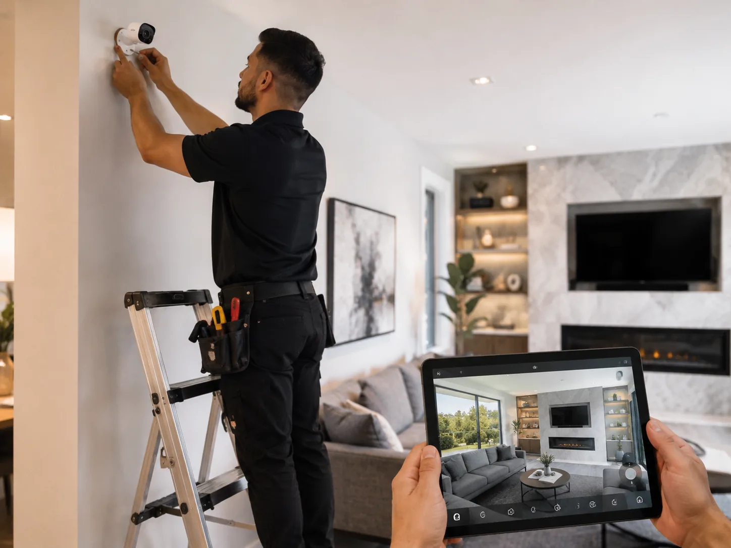 smart-home-installation-3 Installer configuring smart locks and lighting controls in coastal New Jersey cottage entryway, Smart Home Installation in Spring Lake - NJ technician programming lighting scenes on a wall-mounted control screen