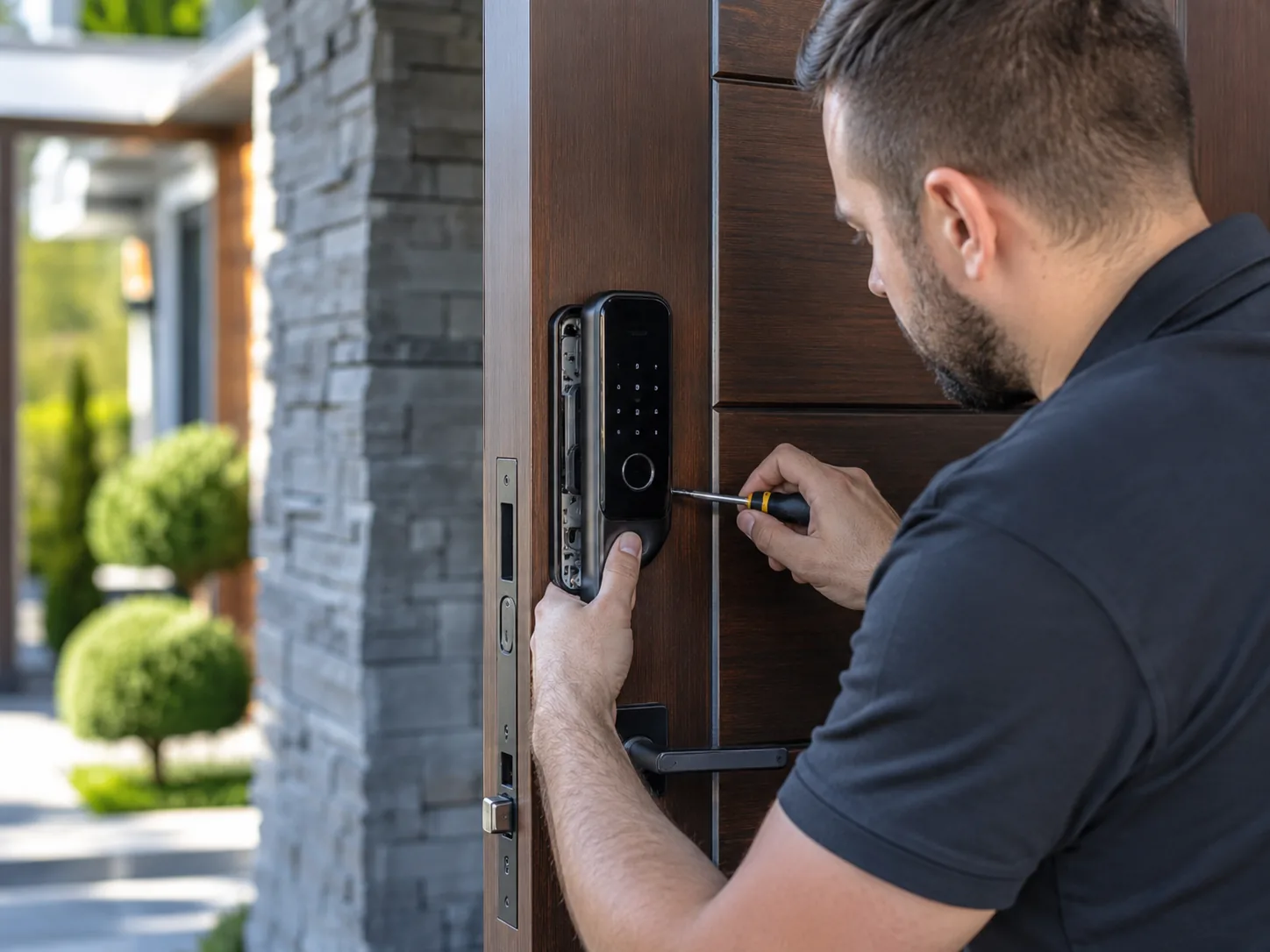 smart-home-installation-4 Technician testing smart thermostat, security camera, and automated switch integration indoors, Installer completing Smart Home Installation in a Spring Lake - NJ home while testing cameras and smart lighting
