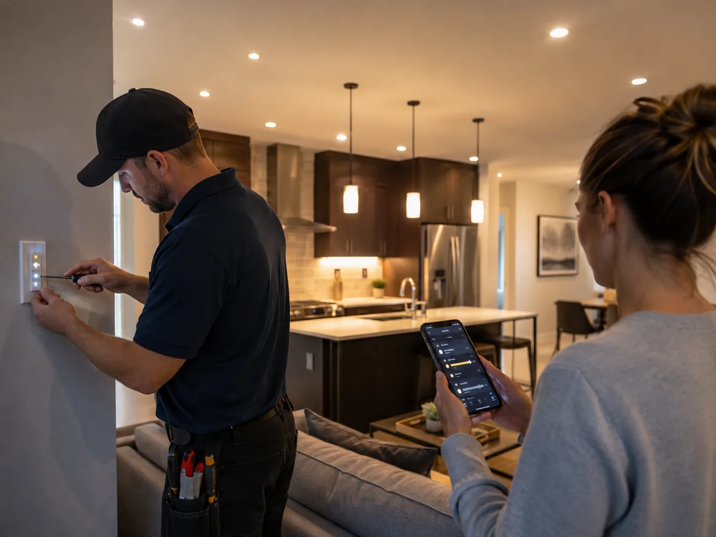 Homeowner using smartphone to control smart lights and front door lock at entry, Smart Home Installation in Brielle - NJ technician setting up a smart thermostat and lighting controls