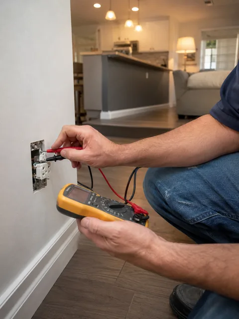 electrical-inspection-02 Electrician performing an Electrical Inspection at an Asbury Park - NJ property while testing outlet conditions, Electrician tracing wiring issues in an Eatontown - NJ utility room during inspection