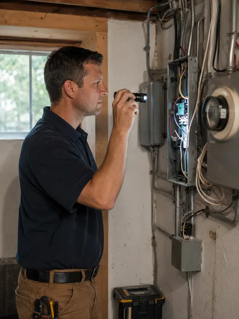 electrical-inspection-03 Electrical Inspection in Avon By The Sea - NJ technician examining breakers inside a coastal home, Electrician in Colts Neck - NJ testing a wall outlet during a residential service visit