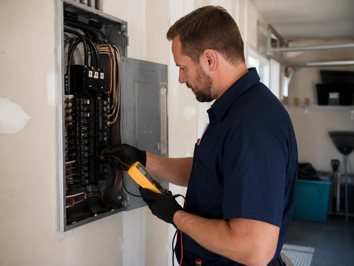 Electrical Troubleshooting in Farmingdale - NJ underway at a panel while tracing a recurring power issue, Electrical Troubleshooting in Howell Township - NJ as a technician tests a breaker panel and nearby circuit