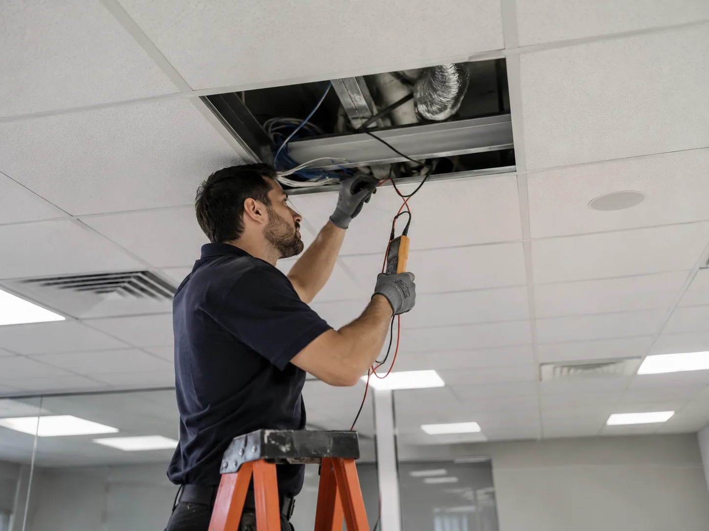 Electrician performing electrical troubleshooting in a Freehold - NJ utility area while testing branch circuit voltage, Smoke Detectors in Shrewsbury - NJ being installed by an electrician along an upstairs hallway ceiling