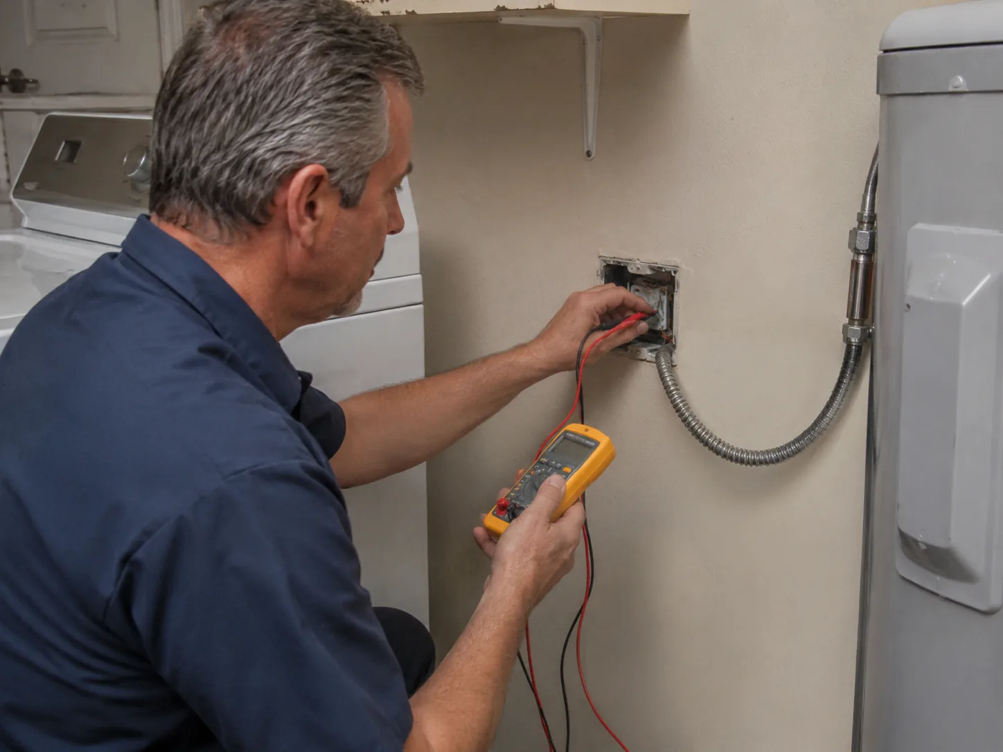 Electrician performing electrical troubleshooting in an Eatontown - NJ office while checking voltage at a receptacle